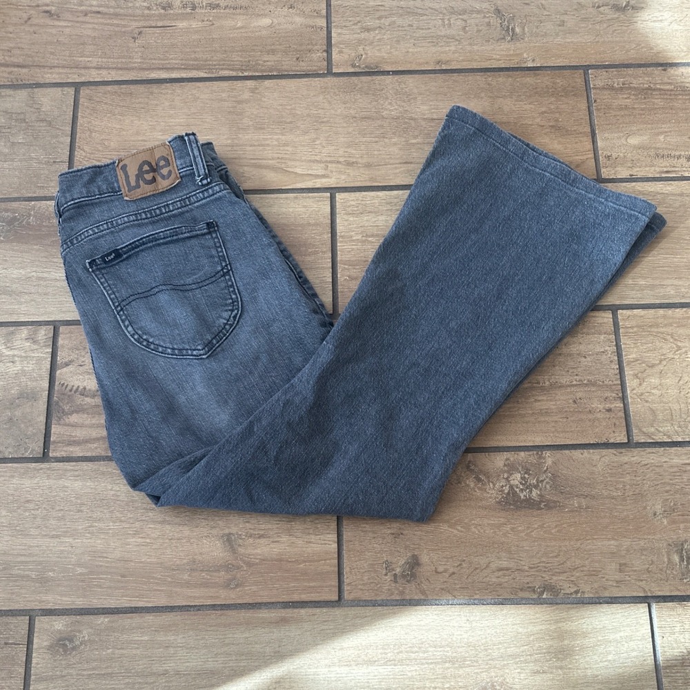 Lee Flare Jeans Womens 12 Short Gray Black Stretch Denim Retro Bell Bottom